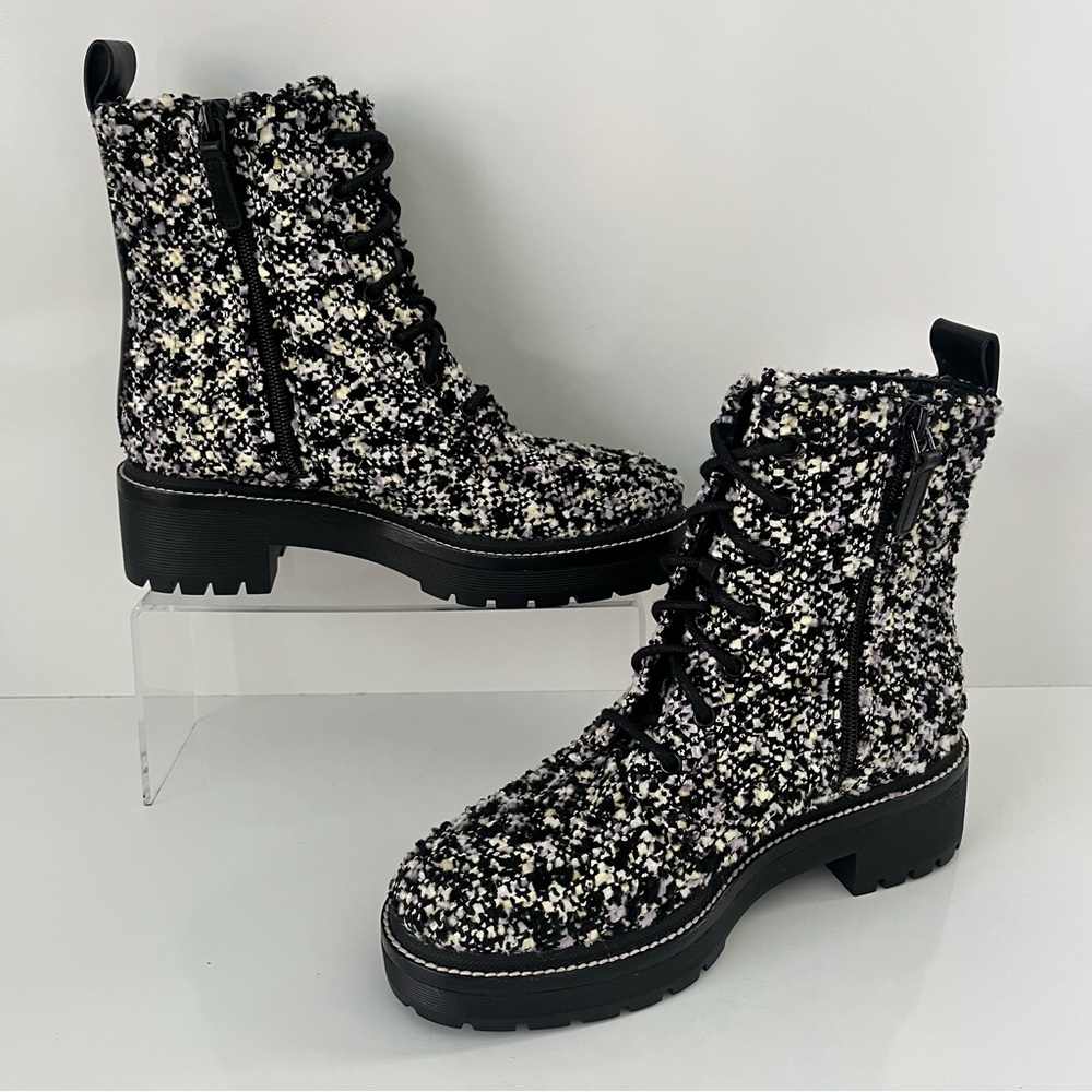 Tory Burch 50mm Tweed Lug Sole Combat Boots in Black/Multi - Picture 4 of 13